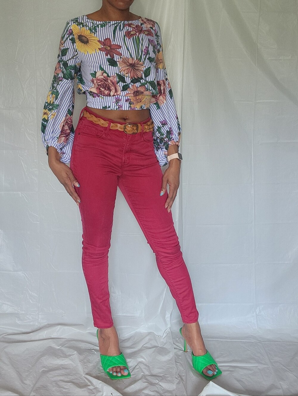 Floral Stripe Open Back Tie Back Balloon Sleeve Crop Top